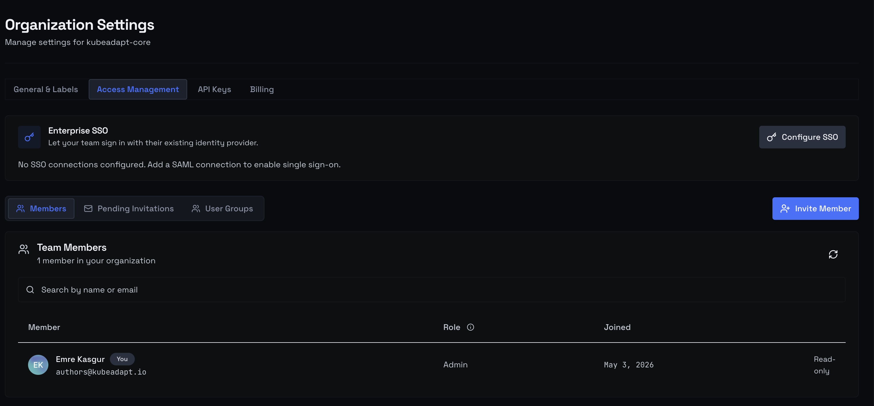 Access Management — Members, Pending Invitations, and User Groups tabs