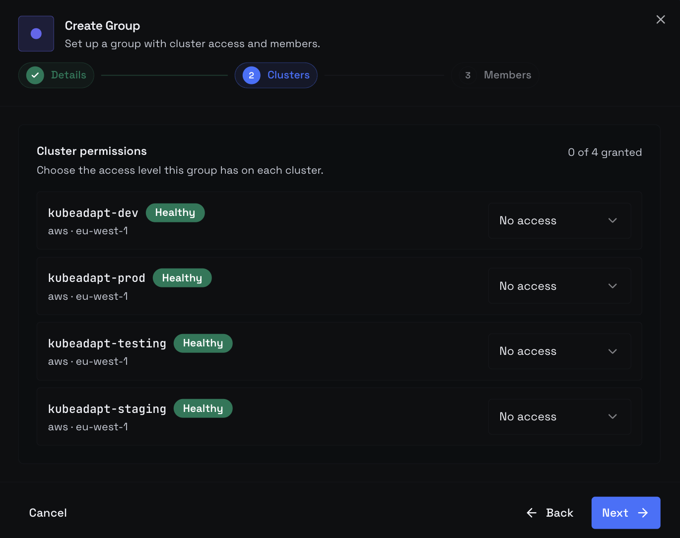 Create Group wizard, Step 2 — Clusters with a permission-level dropdown per cluster: No access, Viewer, Operator, Admin