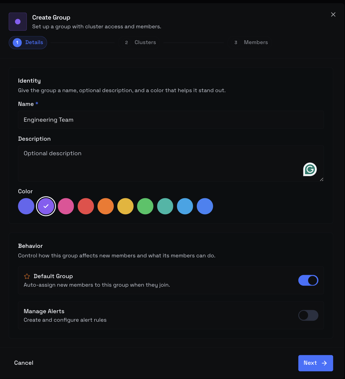 Create Group wizard, Step 1 — Details with name, description, color swatches, Default Group toggle, and General Permissions checkbox