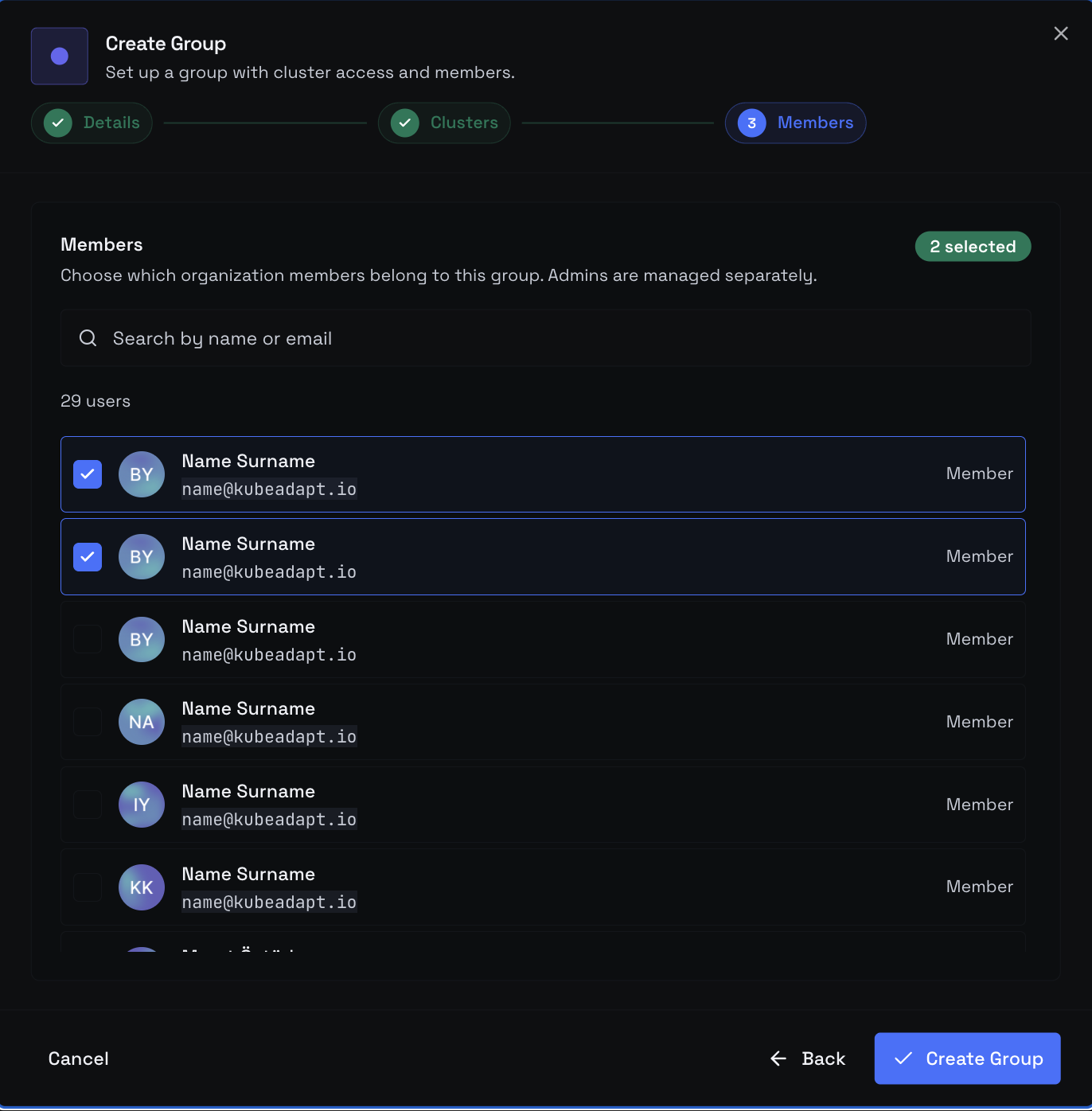 Create Group wizard, Step 3 — Members with searchable, paginated picker of eligible (non-admin) members