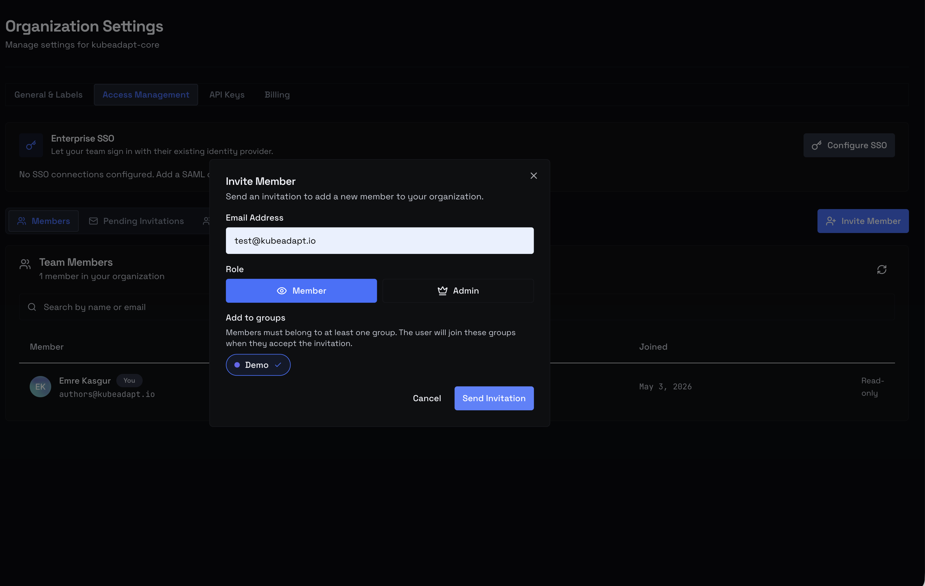 Invite Member dialog showing email field, Member/Admin role buttons, and a chip-style picker of groups for the Member role