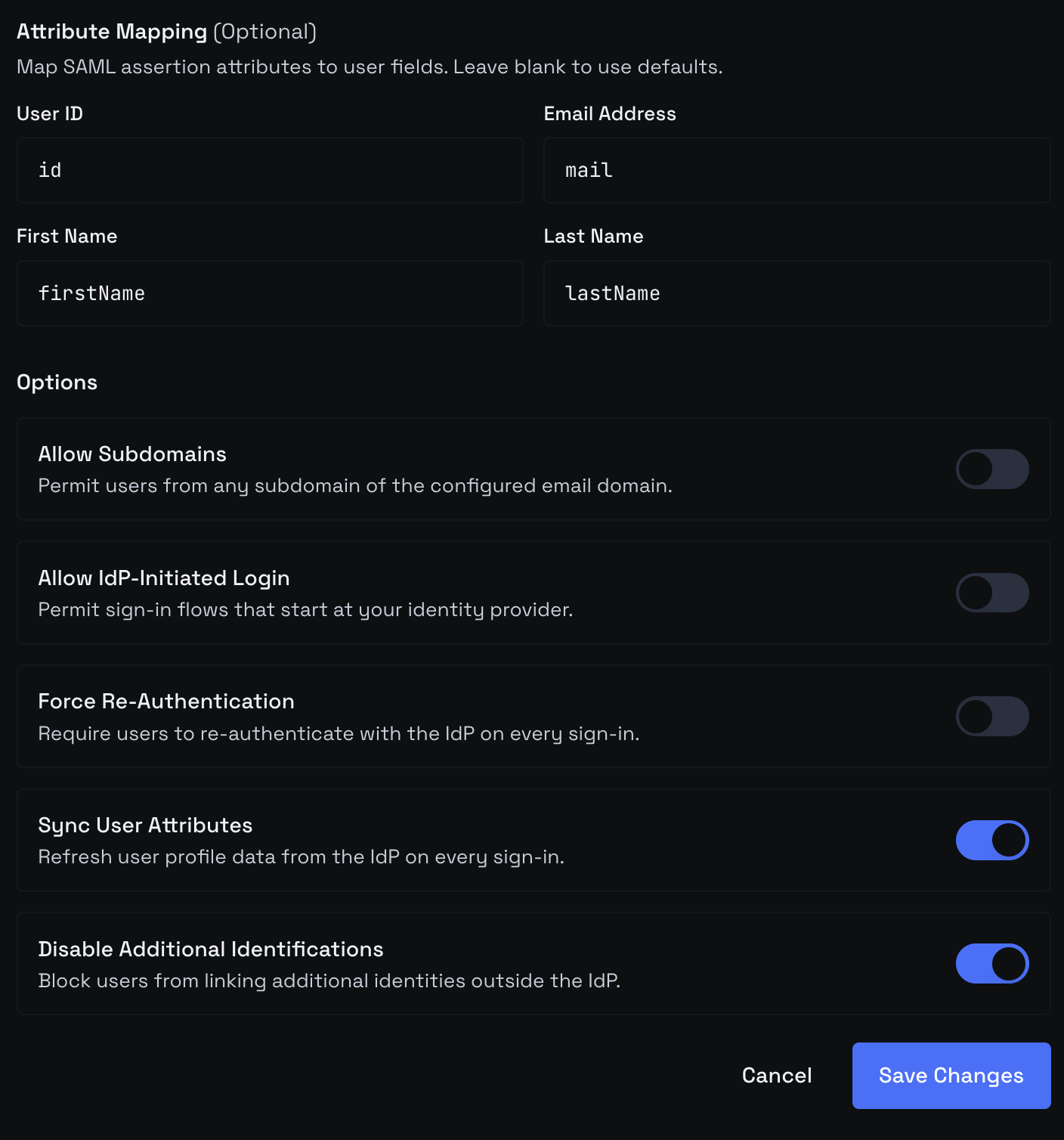 Advanced connection settings — Force Re-Authentication, Sync User Attributes, Disable Additional Identifications toggles