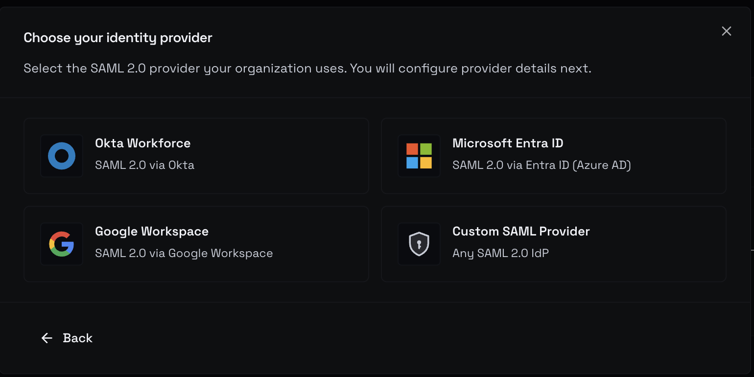 SSO tab with Add Connection opening the provider picker (Okta, Entra ID, Google Workspace, Custom SAML)
